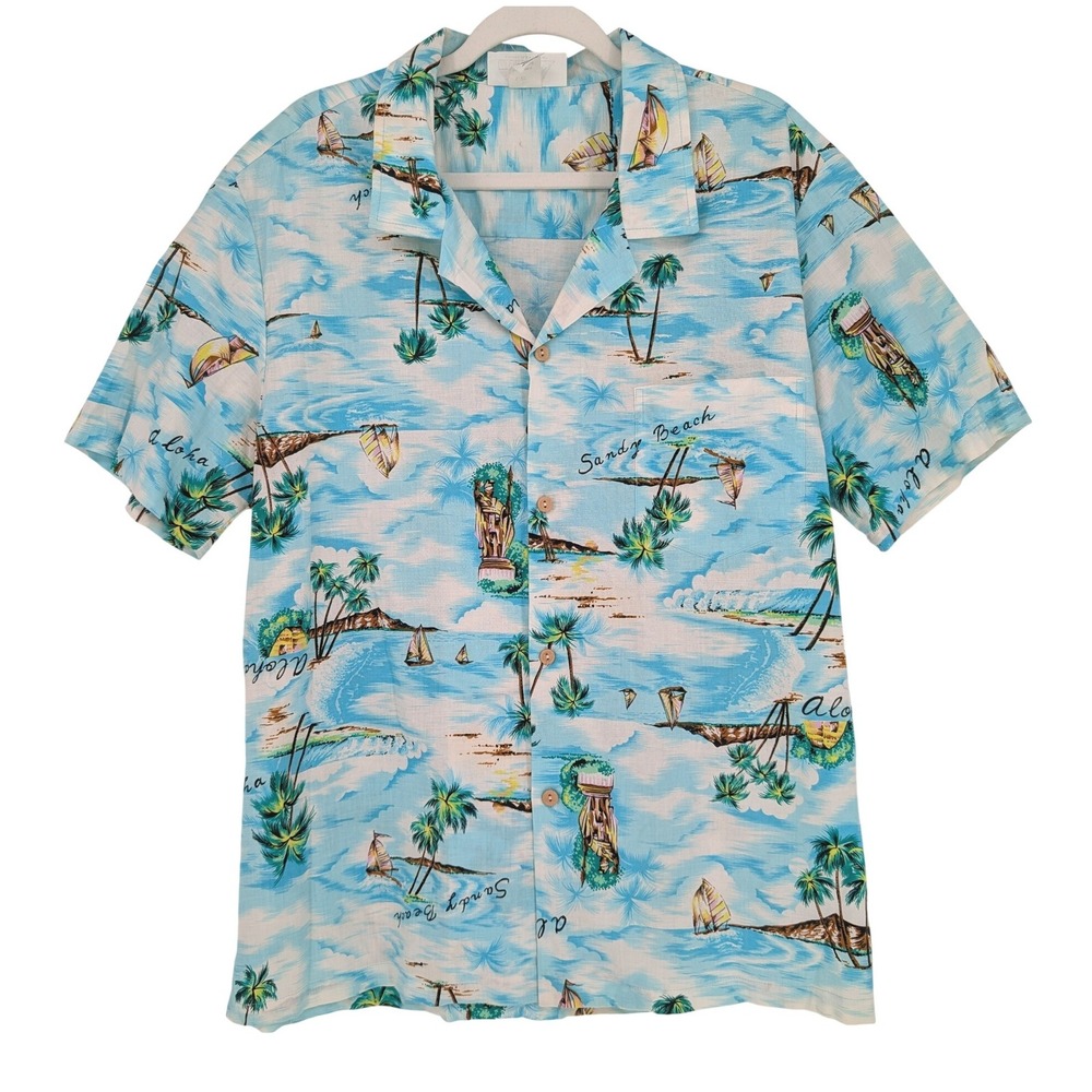 VTG Live Honolulu Hawaii Shirt Men XL Blue Tropical Palm Tree Cotton Beach Surf